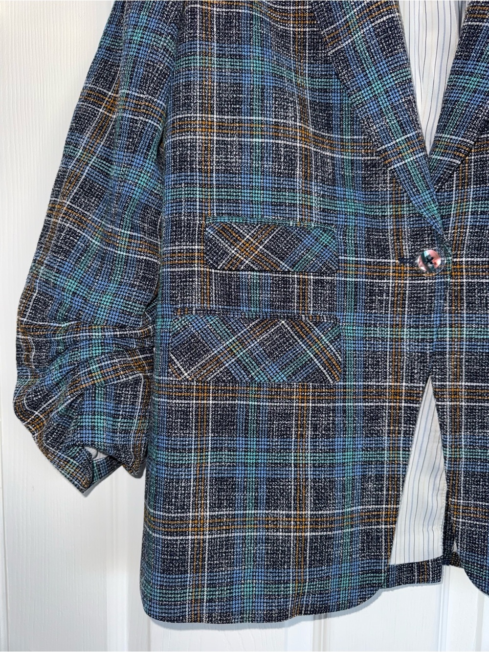 VERONICA BEARD Dickey Blue Plaid MARTEL Ruched Slv Cotton Linen Blazer Jacket 8 - Picture 9 of 16